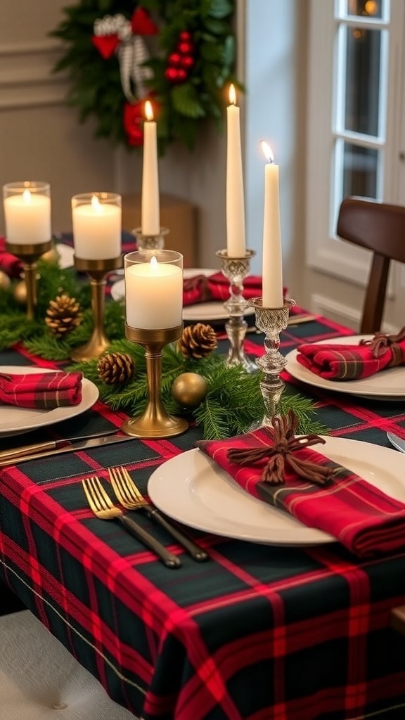 Christmas table setting with tartan decorations, candles, and natural elements.